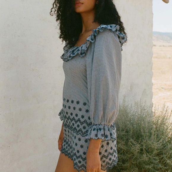 NWT Doen Franique Cotton Ruffle Eyelet Long Sleeve Dress Azure Paris Gingham - Picture 2 of 14